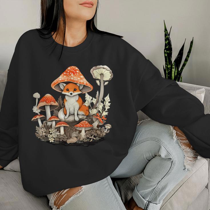 Aesthetic Fox On Mushroom Cottagecore Vintage Nature Floral Women Sweatshirt Gifts for Her