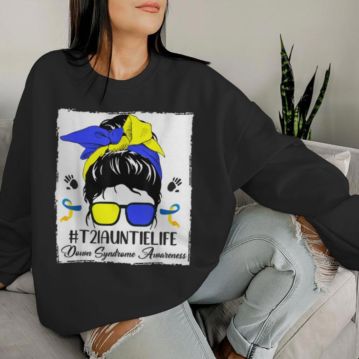 Auntie Proud Down Syndrome Awareness Woman Messy Bun Hair Women Sweatshirt Gifts for Her
