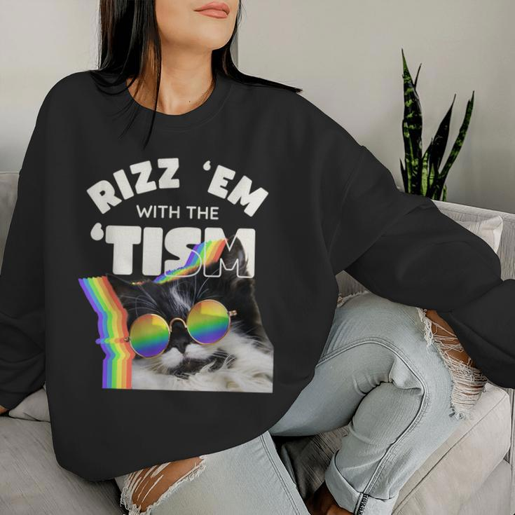 Autism Rizz Em With The Tism Meme Autistic Cat Rainbow Women Sweatshirt Gifts for Her