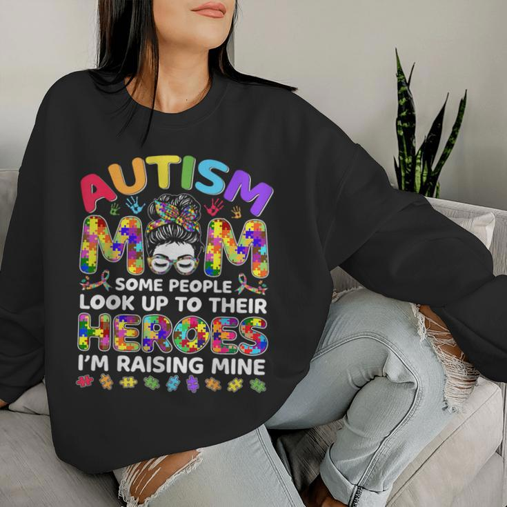 Autism Mom Raising Hero Messy Bun Autism Awareness Women Sweatshirt Gifts for Her