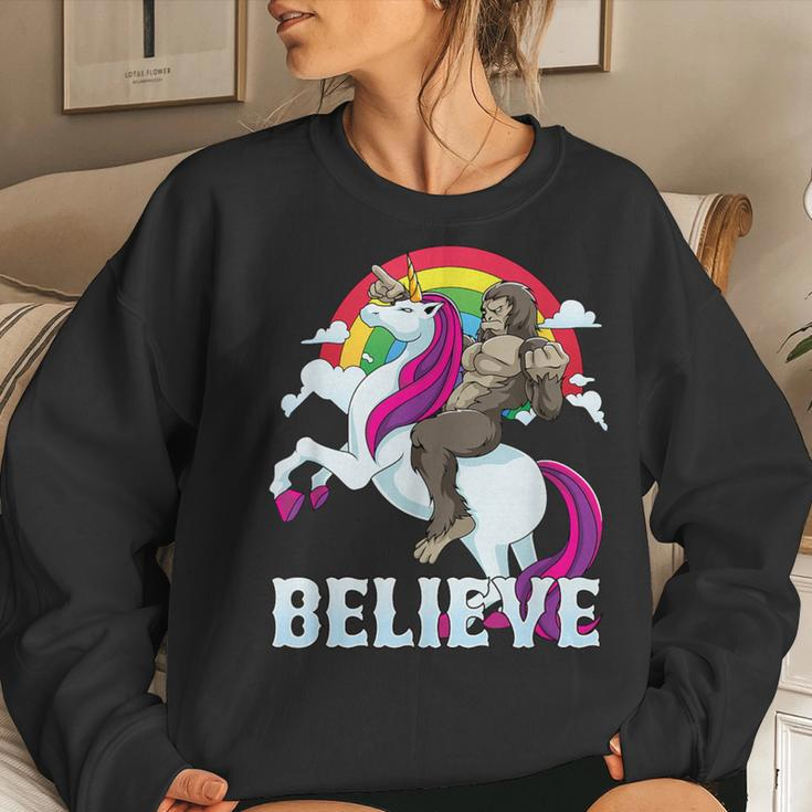 Bigfoot Riding Unicorn Rainbow Sasquatch Believe Women Sweatshirt Gifts for Her
