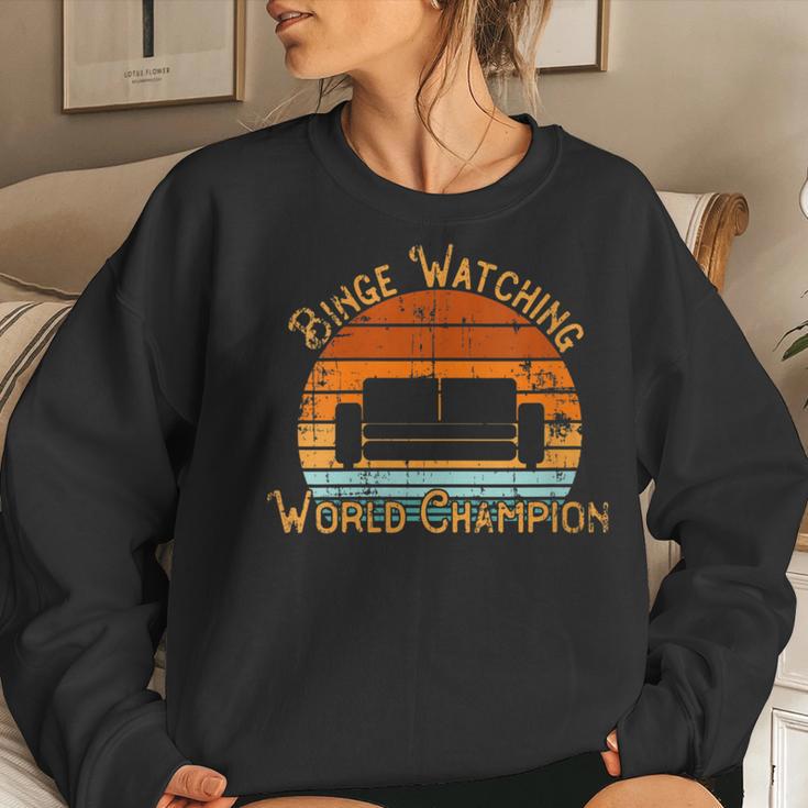 Binge Watching World Champion Retro Gamer Vintage Distressed Women Sweatshirt Gifts for Her