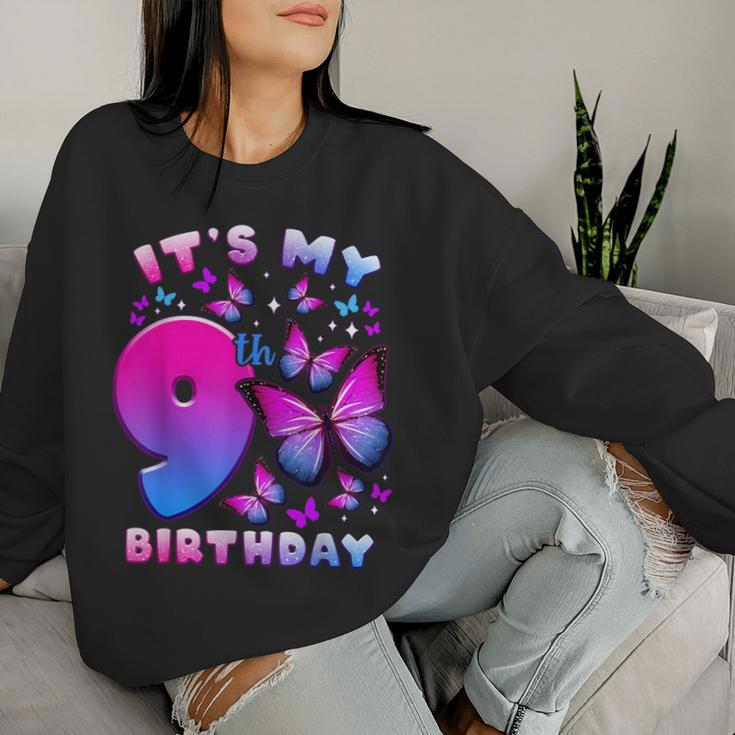 Birthday Girl 9 Year Old Butterfly Number 9 Women Sweatshirt Gifts for Her