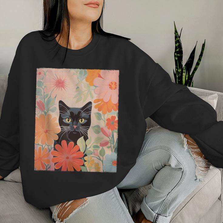 Black Cat And Flowers Cat Lover Cat Floral Cat Women Sweatshirt Gifts for Her