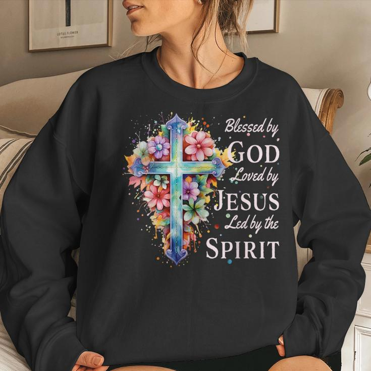 Blessed By God Loved By Jesus Floral Cross Christian Women Sweatshirt Gifts for Her