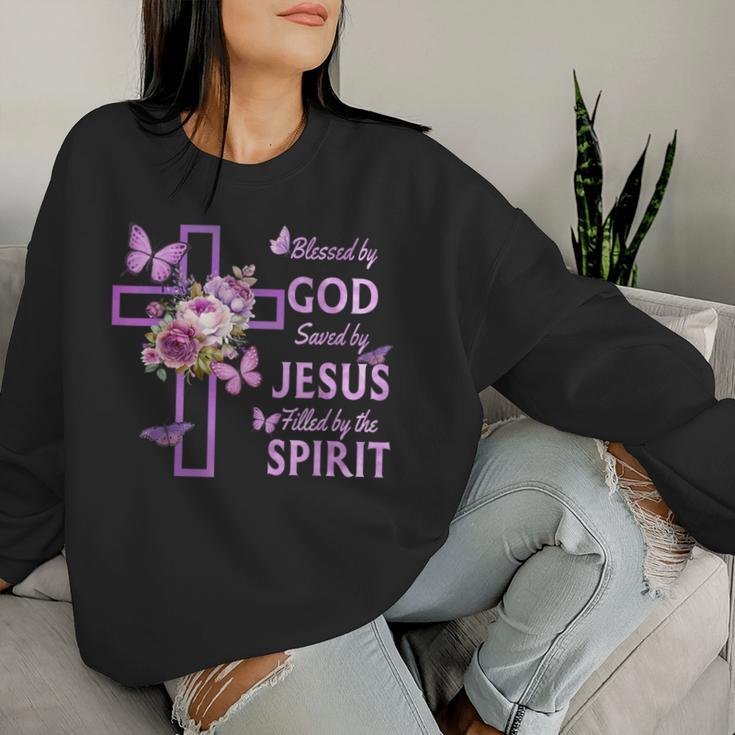 Blessed By God Saved By Jesus Purple Floral Cross Christian Women Sweatshirt Gifts for Her