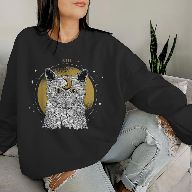 Boho Mystical Feathers Cat Moon Phases Cats Lovers Women Sweatshirt Gifts for Her