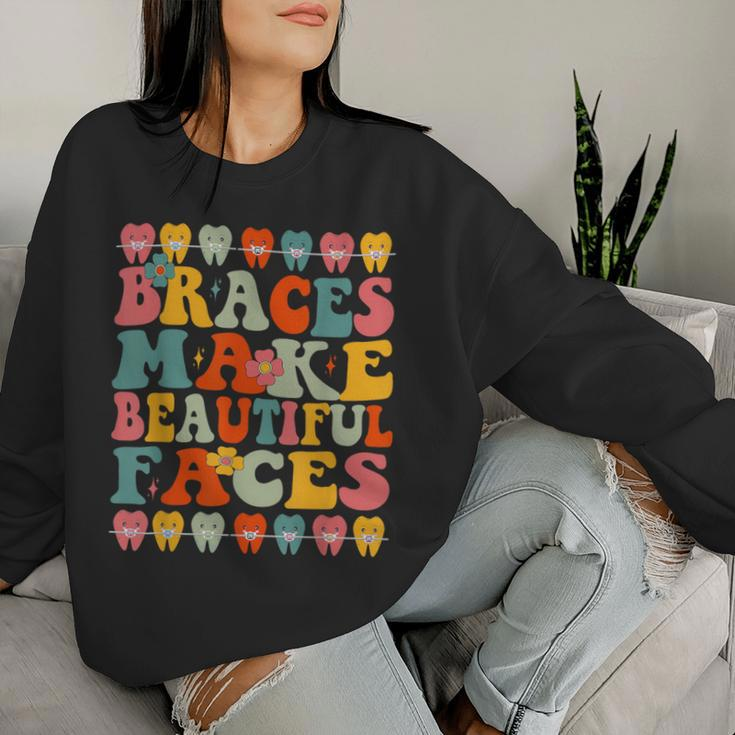 Braces Make Beautiful Faces Groovy Orthodontist Women Sweatshirt Gifts for Her