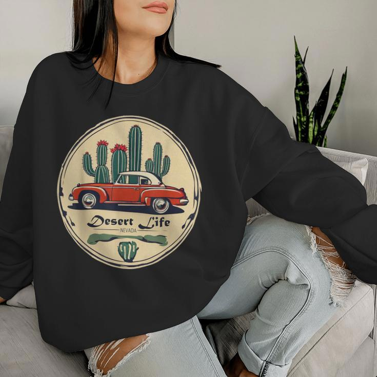 Classic Car In The Desert Cactus Retro Vintage Women Sweatshirt Gifts for Her