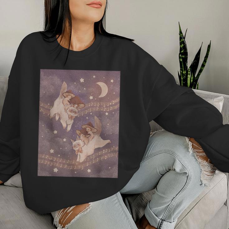 Cute Cat Purple Witchy Mushroom Pink Kawaii Crescent Moon Women Sweatshirt Gifts for Her