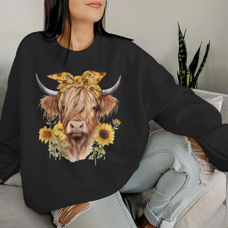 Cute Scottish Highland Cow Wearing Sunflower Bandana Heifer Women Sweatshirt Gifts for Her