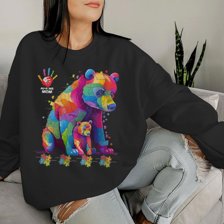 Damen Autismus-Bewusstsein Mama Bär Niedliches Puzzleteil Mutter Mit-Ausschnitt Sweatshirt Frauen Geschenke für Sie