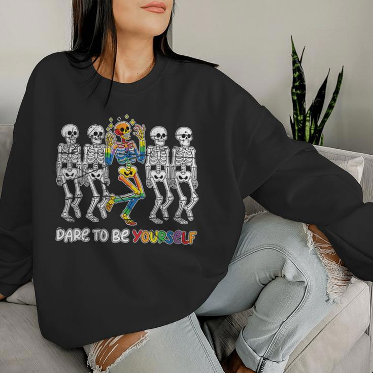 Dare To Be Yourself Skeleton Bisexual Gay Lesbian Lgbt Pride Women Sweatshirt Gifts for Her