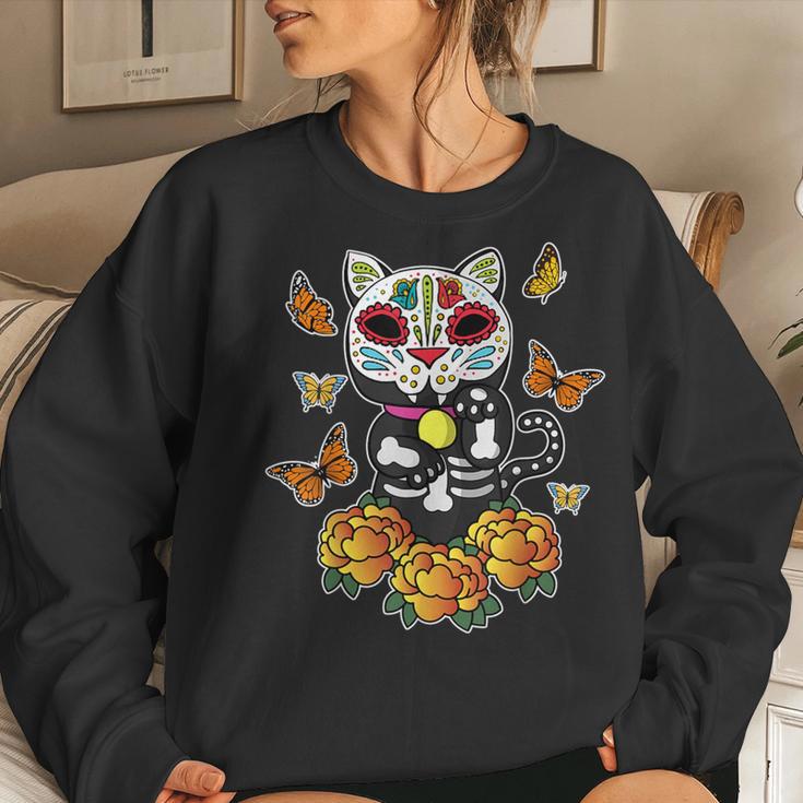 Dia De Los Muertos Monarch Butterfly Sugar Skull Cat Women Sweatshirt Gifts for Her