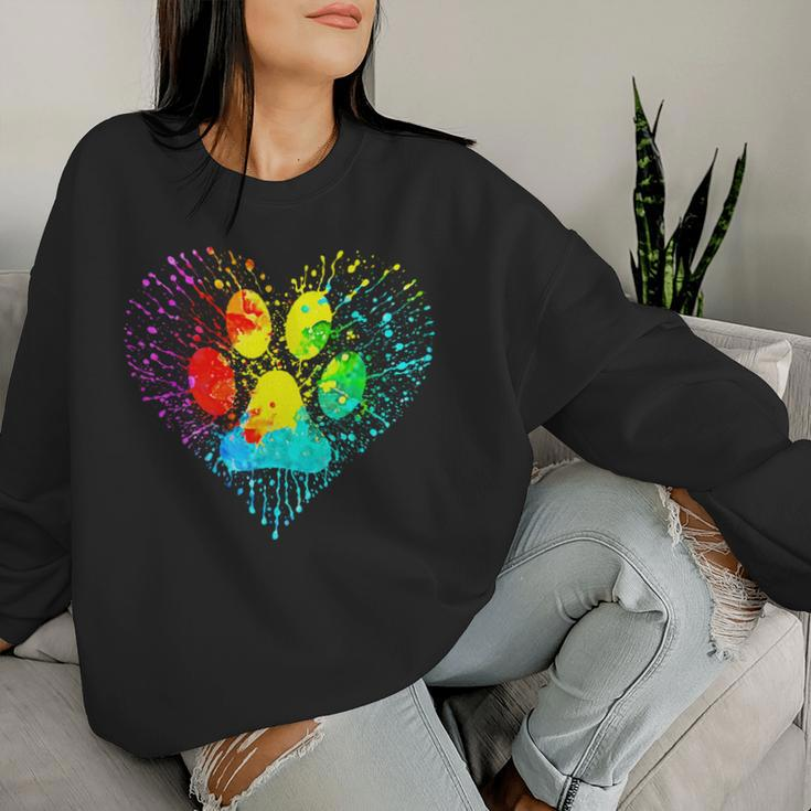 Dog Lover Mom Dad Colorful Heart Dog Paw Print Women Sweatshirt Gifts for Her