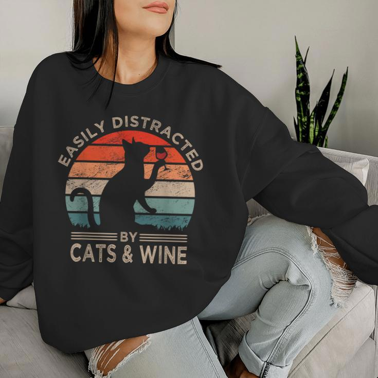 Easily Distracted By Cats & Wine Vintage Cats Wine Women Sweatshirt Gifts for Her