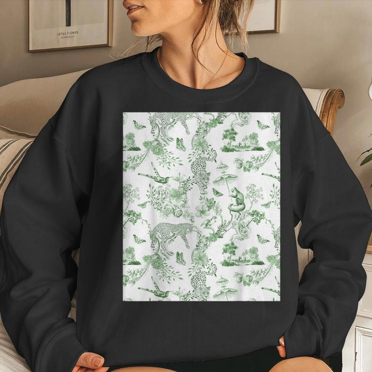French Green Toile Chinoiserie With Flowers Leopards Women Sweatshirt Gifts for Her