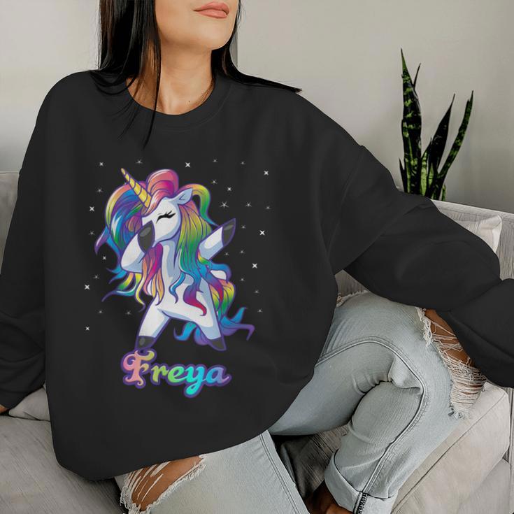 Freya Name Personalized Custom Rainbow Unicorn Dabbing Women Sweatshirt Gifts for Her