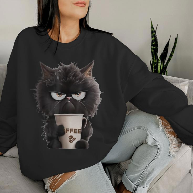Angry Black Cat Drinking Coffee Loves Coffee Pet Women Sweatshirt Gifts for Her