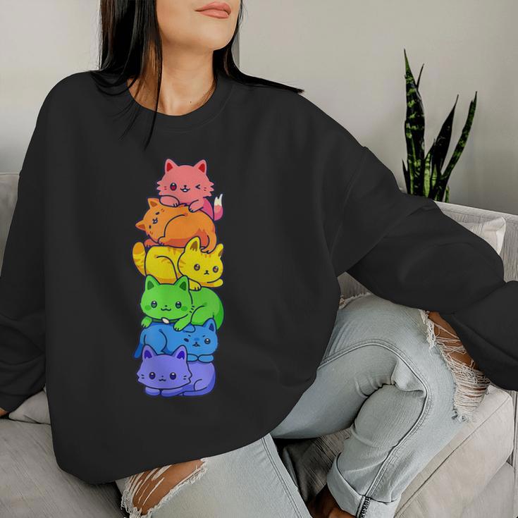 Lgbt Cat Stack Rainbow Gay Pride Anime For Cat Lover Women Sweatshirt Gifts for Her