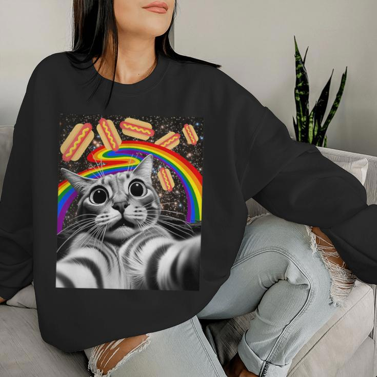 Graphic Rainbow Hotdog Ufos Cosmic Space Selfie Cat Women Sweatshirt Gifts for Her