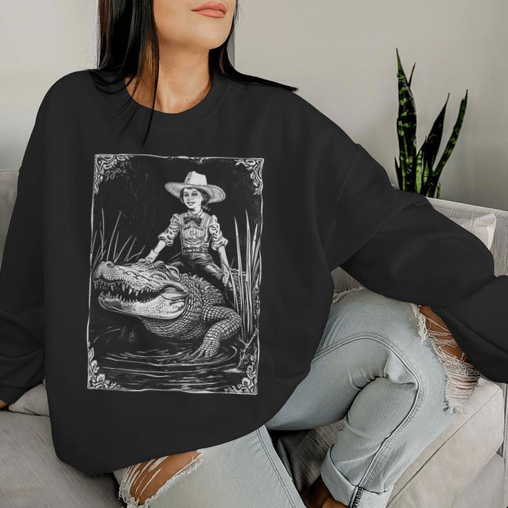Girl Riding Alligator Weird Florida Crocodile Meme Women Sweatshirt Gifts for Her