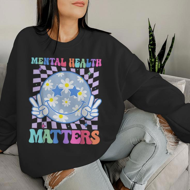 Groovy Mental Health Matters Flower Autism Smile Face Men Women Sweatshirt Gifts for Her