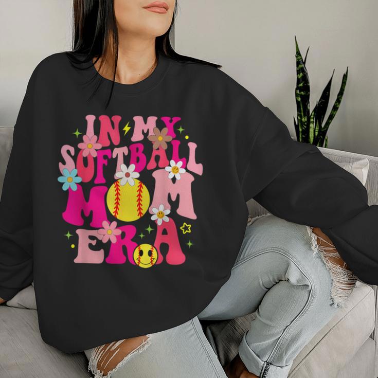 Groovy In My Softball Mom Era Life Game Day Vibes Mama Pink Women Sweatshirt Gifts for Her