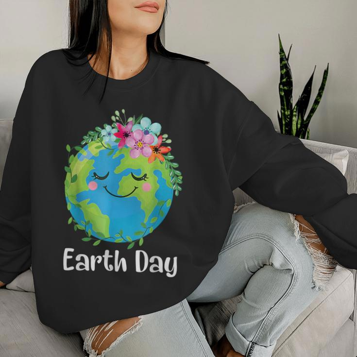 Happy Earth Day Cute Earth With Floral Earth Day 2024 Women Sweatshirt Gifts for Her