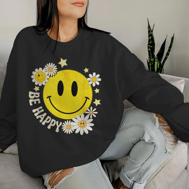 Be Happy Smile Face Retro Groovy Daisy Flower 70S Women Sweatshirt Gifts for Her