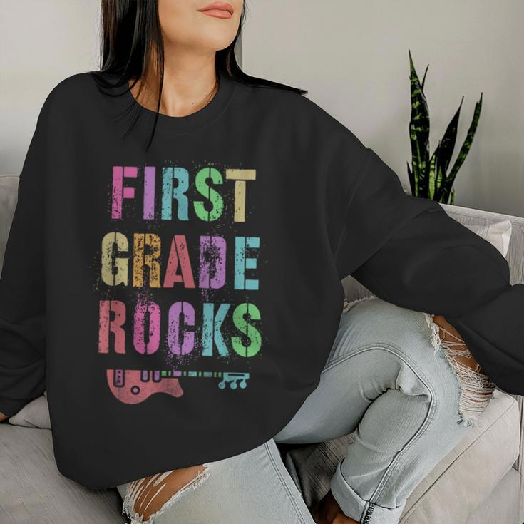 Hello 1St Grade Rocks Teacher Team First Gr Vibes Rockstar Women Sweatshirt Gifts for Her