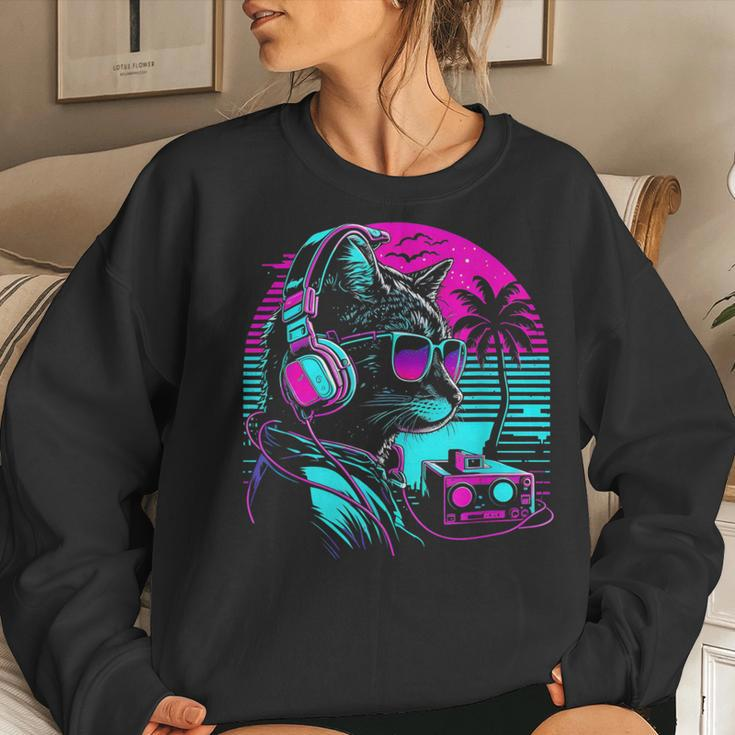 House Dj Cat 80S 90S Kitten Sunset Rainbow Dj Cat Kitty Women Sweatshirt Gifts for Her