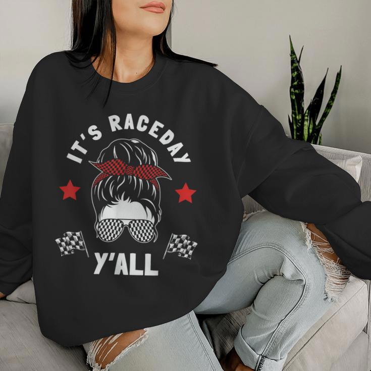 It's Race Day Y'all Checkered Flag Racing Messy Bun Pit Crew Women Sweatshirt Gifts for Her