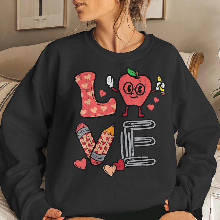 Love Valentines Day Apple Retro School Pre-K Teacher Women Women Sweatshirt Gifts for Her