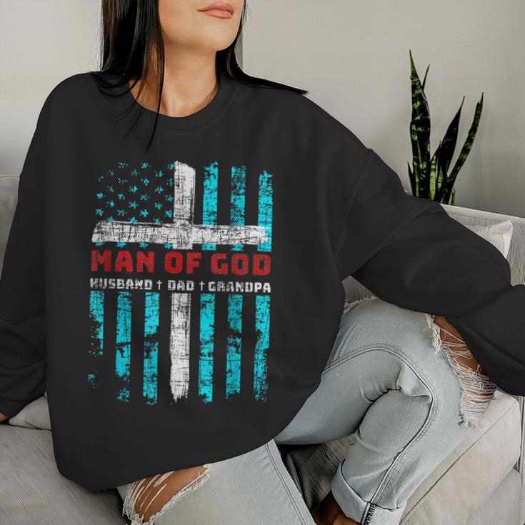 Man Of God Husband Dad Grandpa American Flag Christian Cross Women Sweatshirt Gifts for Her