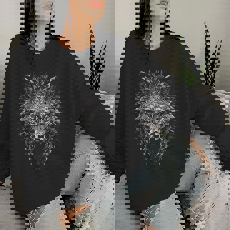 Obra De Arte De Mandala De Lobo Motivo Animal Sudadera Mujer
