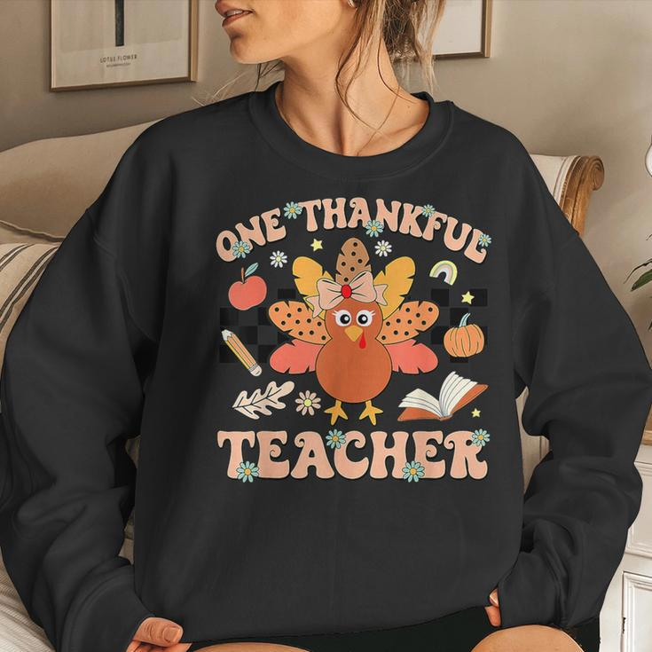 One Thankful Teacher Thanksgiving Retro Groovy Fall Teachers Women Sweatshirt Gifts for Her