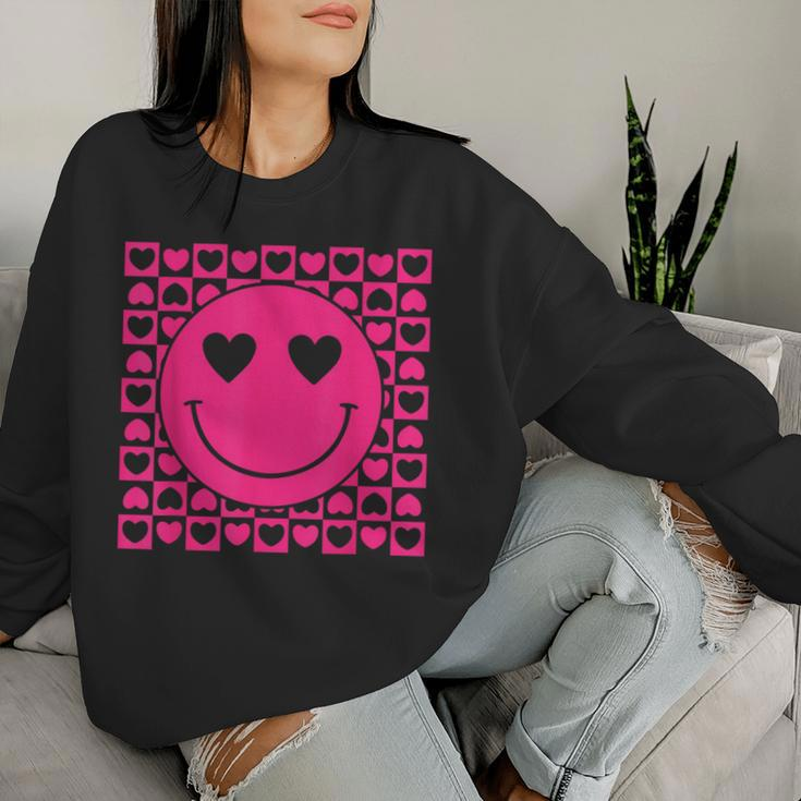 Pink Smile Face Heart Eyes Groovy Heart Valentine's Day Women Sweatshirt Gifts for Her