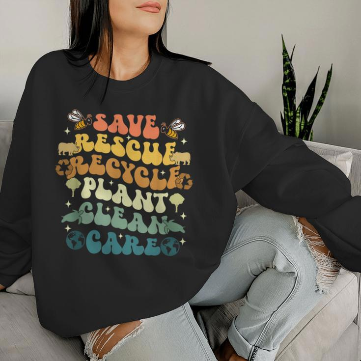 Retro Groovy Save Bees Rescue Animals Recycle Earth Day 2024 Women Sweatshirt Gifts for Her