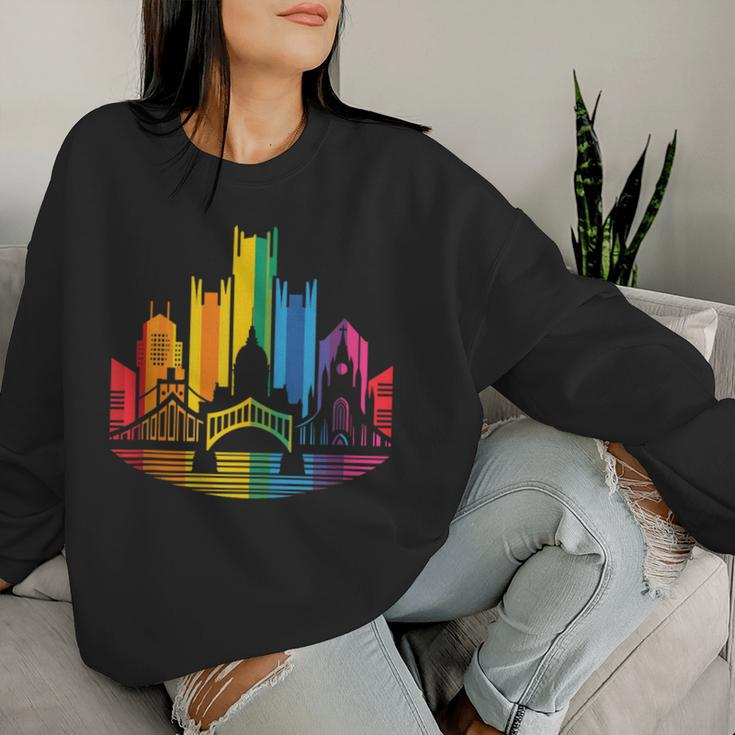 Retro Pittsburgh Skyline Rainbow Lgbt Lesbian Gay Pride Women Sweatshirt Gifts for Her