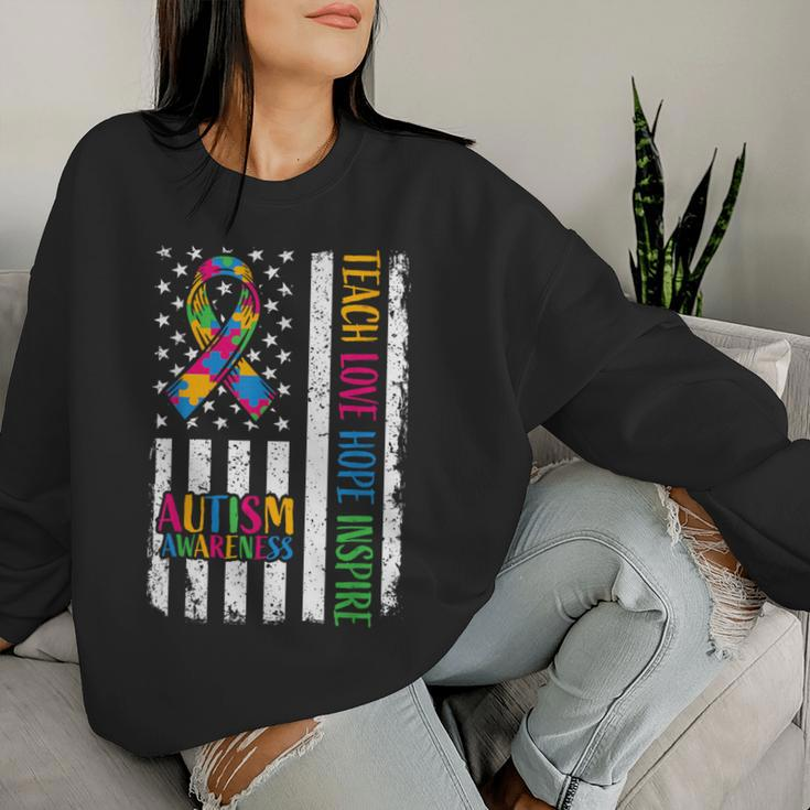 Ribbon Mom Dad American Flag Autism Women Sweatshirt Gifts for Her