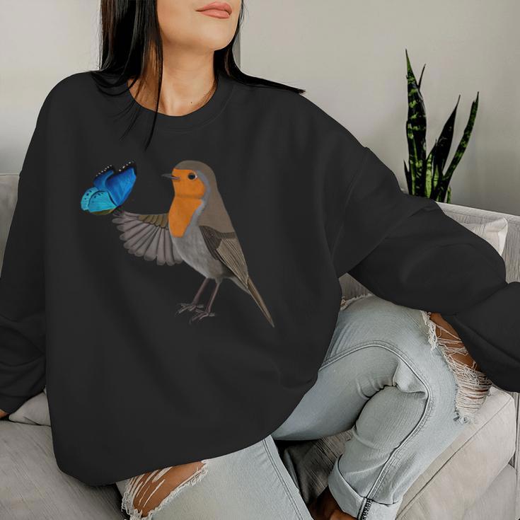 Robin With Blue Butterfly Bird Animal Biologist Women Sweatshirt Gifts for Her