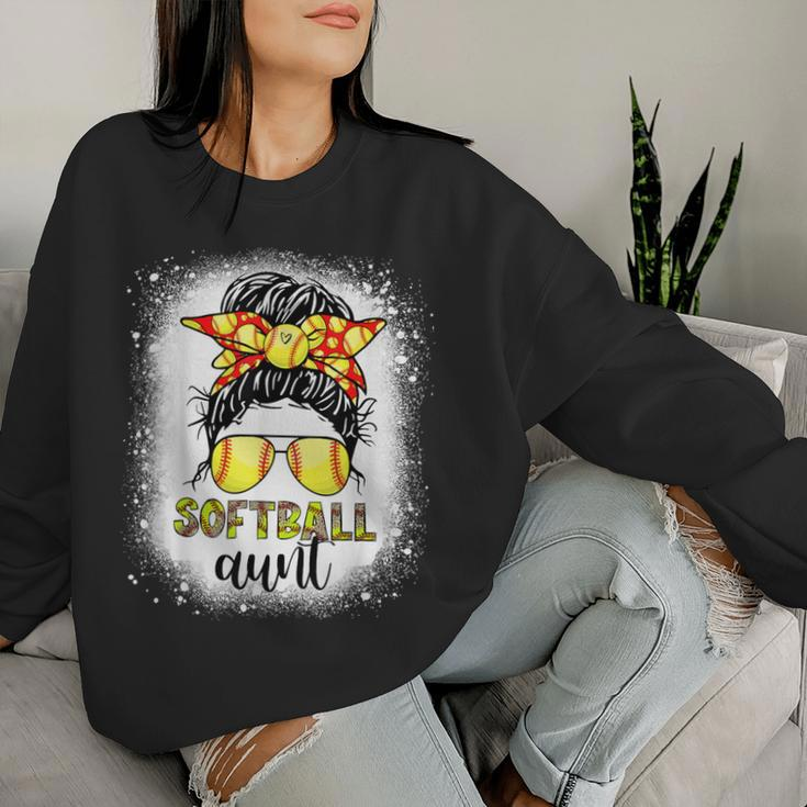 Softball Aunt Messy Bun Leopard Bleached Softball Auntie Women Sweatshirt Gifts for Her