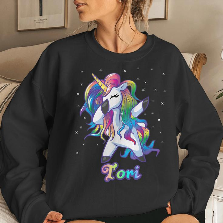 Tori Name Personalized Custom Rainbow Unicorn Dabbing Women Sweatshirt Gifts for Her