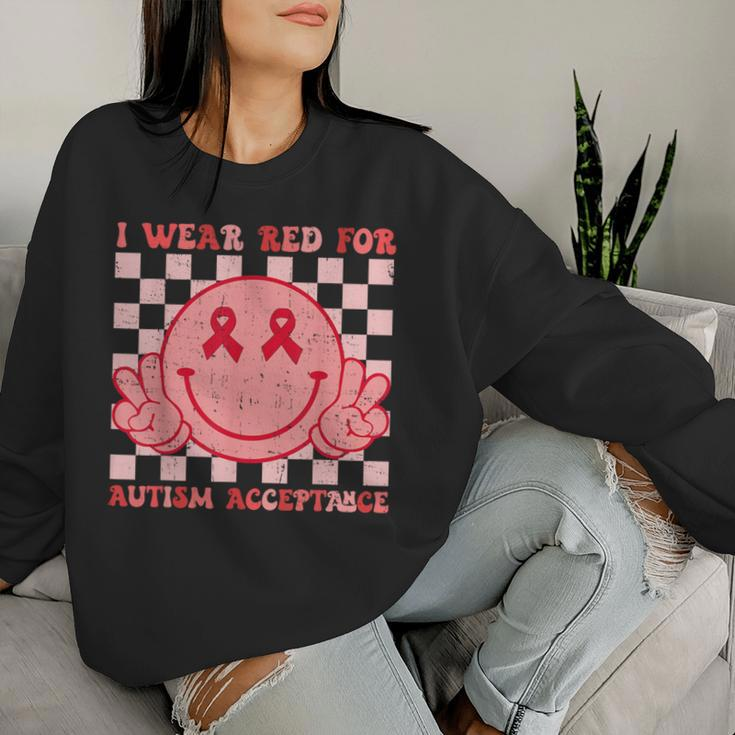 I Wear Red For Instead Autism-Acceptance Groovy Smile Face Women Sweatshirt Gifts for Her