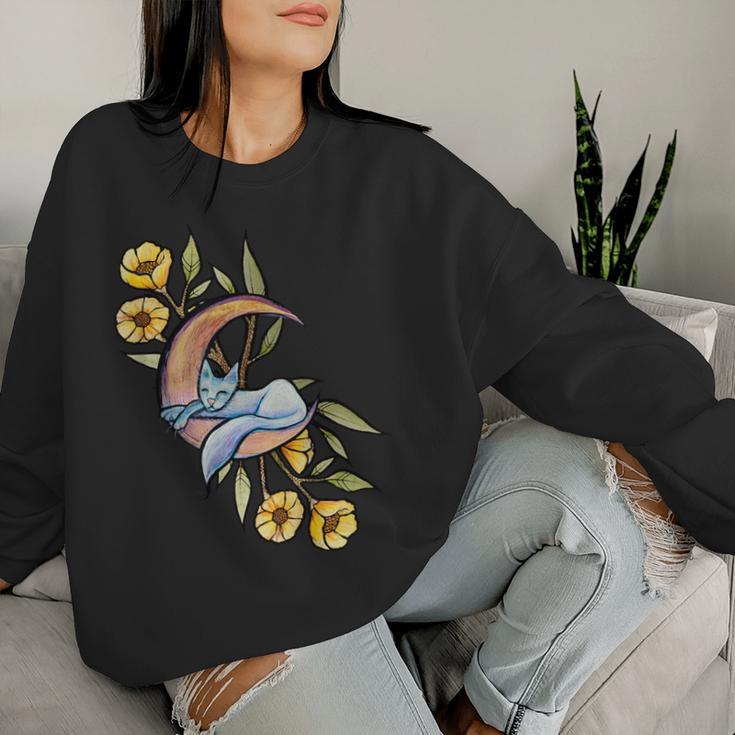 White Kitty Cat Flower Moon Women Sweatshirt Gifts for Her