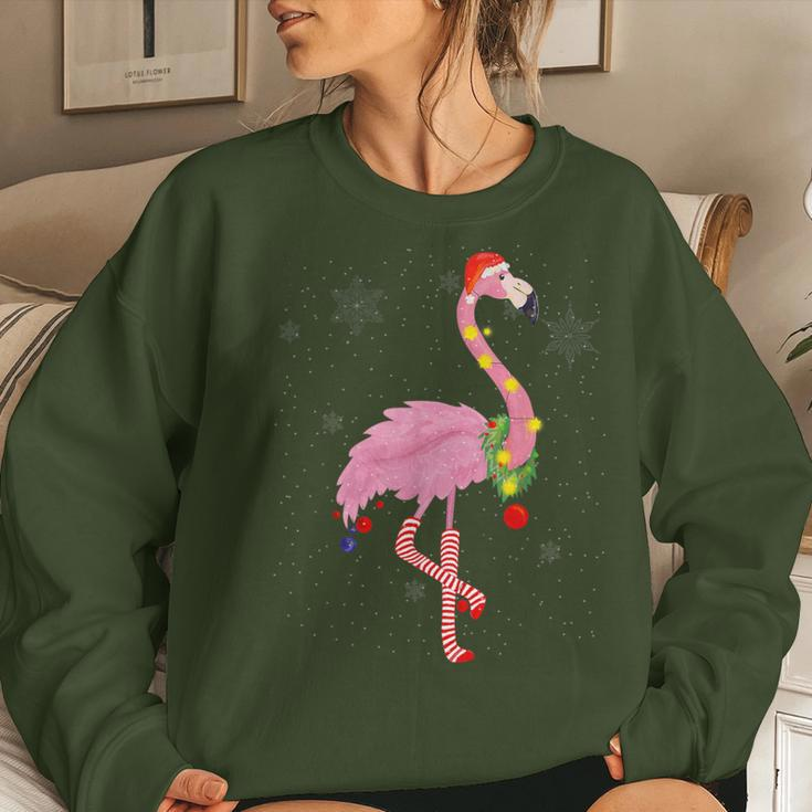 Cute Pink Flamingo With Snow Lights And Santa Hat Christmas Women Sweatshirt Gifts for Her