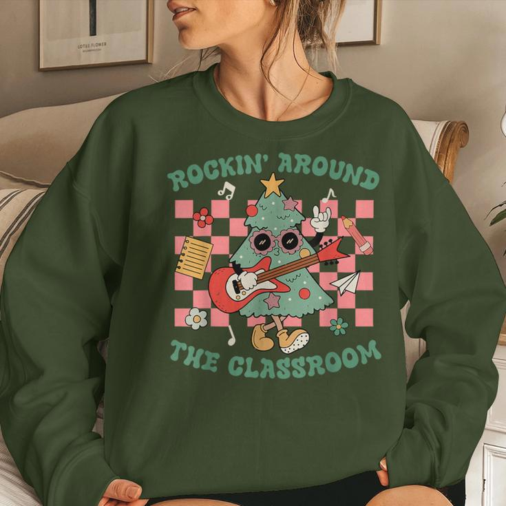 Retro Groovy Teacher Christmas Rockin' Around The Classroom Women Sweatshirt Gifts for Her