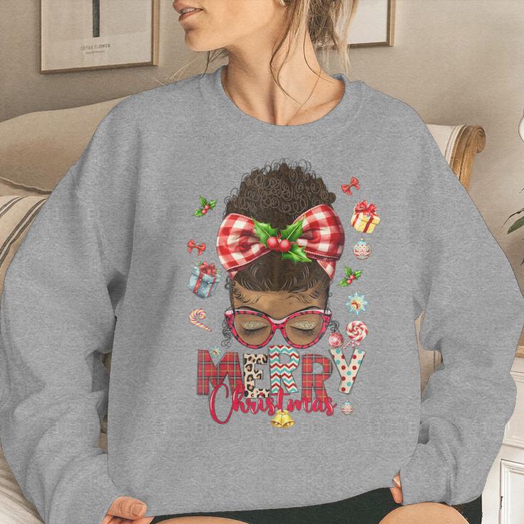 Merry Christmas Messy Bun Black African American Women Sweatshirt Gifts for Her