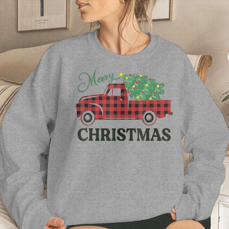 Merry Christmas White Buffalo Plaid Truck Tree Womens Women Sweatshirt Gifts for Her